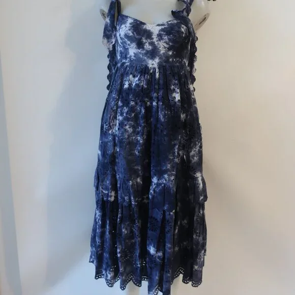Womens LoveShackFancy Navy Blue White Tie Dye Eyelet Shoulder Ties Midi Dress 0 - Picture 5 of 15